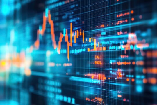 A professional business concept image with digital graphs, market statistics, and stock prices fluctuating on a digital interface.