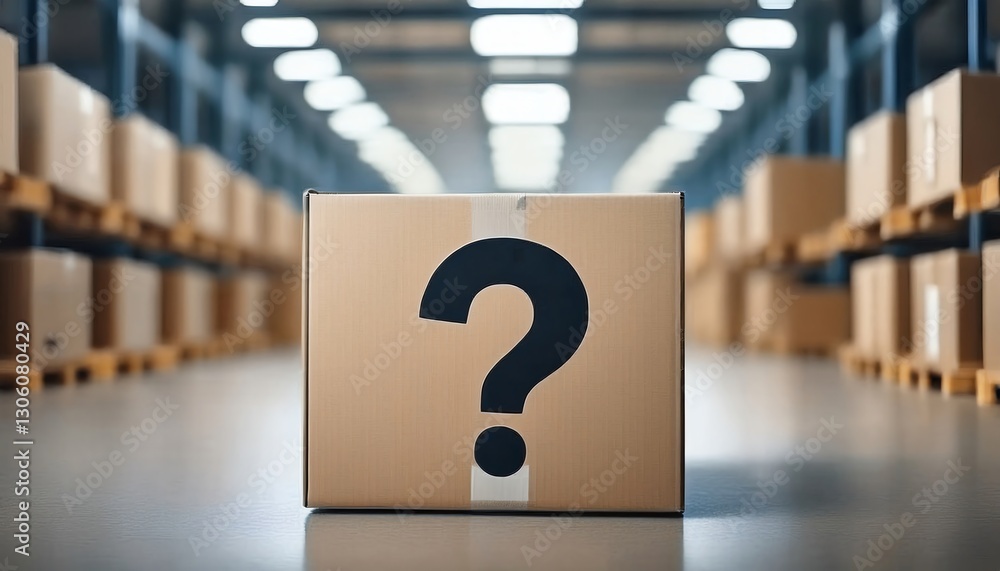 Poster a single cardboard box with a question mark stands out in a warehouse filled with stacked boxes, inv