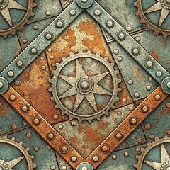 Naklejka premium Seamless pattern, pattern, old metal pattern, grunge metal texture, rusty metal gears on an aged background 