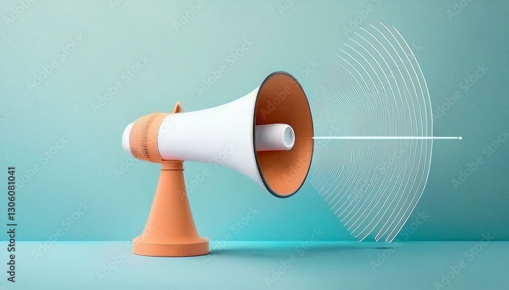 Poster a colorful megaphone emitting sound waves against a soft background, illustrating communication and 