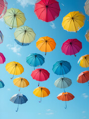 Happiness, lust for life: flying colorful umbrellas on in front of blue sky :)