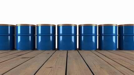 3D Illustration Blue Barrels Row on Wooden Floor Industrial Storage