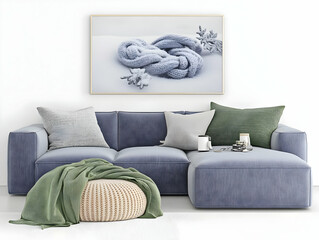 3D Illustration Of A Modern Living Room With A Blue Velvet Sofa And