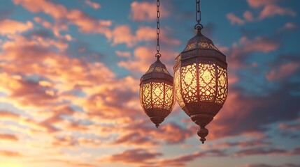 Obraz premium Hanging Mosaic Lanterns at Sunset, Decorative Lanterns Floating against a Teal Colorful Sky Background