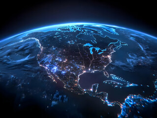 3D Illustration Of Earth At Night With Blue City Lights Over North