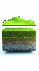 3D Illustration Of Green Grass Cube Section Isolated On White