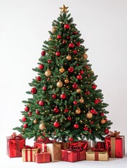Christmas Tree with Red decorations and Gifts. Holiday concept on White background  - ai
