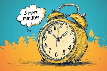 A whimsical illustration of a yellow alarm clock urging for "5 more minutes," set against a vibrant blue and orange background.