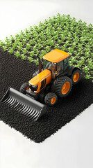 3D Illustration Of Orange Tractor On Black Soil Near Green Plants