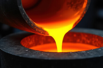 Close-up view of molten metal pouring from crucible into mold creates bright orange flow in foundry workshop for industrial production and metallurgical processes. Aluminum foundry background concept