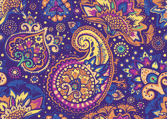 Seamless paisley pattern in Oriental style with floral and ethnic motifs for printed fabric, wallpaper, and packaging