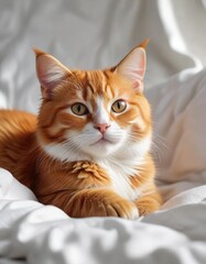 Orange kitty resting on a soft and fluffy white blanket, looking very relaxed, sleepy, white