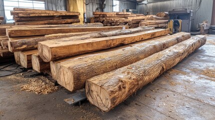 A stack of freshly cut wooden logs in a lumberyard, showcasing their natural texture and grain in a well-lit industrial setting.