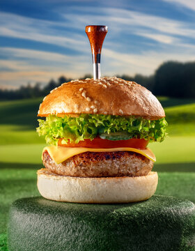Naklejki A fun golf burger concept featuring a golf tee in a hamburger on a golf course