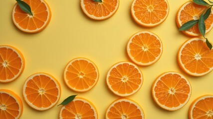 Oranges arranged in a cut-out design on light yellow background, with each segment separated into two halves, arrangement, kitchen, fruits