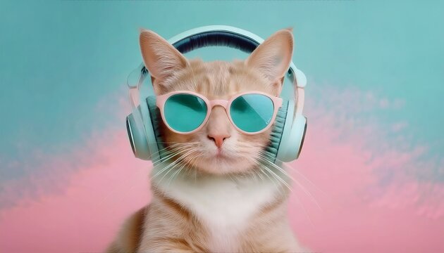A stylish cat wearing sunglasses and headphones poses against a colorful pastel background, exuding a cool and trendy vibe.