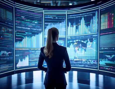 A businesswoman analyzes complex financial data on multiple screens in a high-tech control center