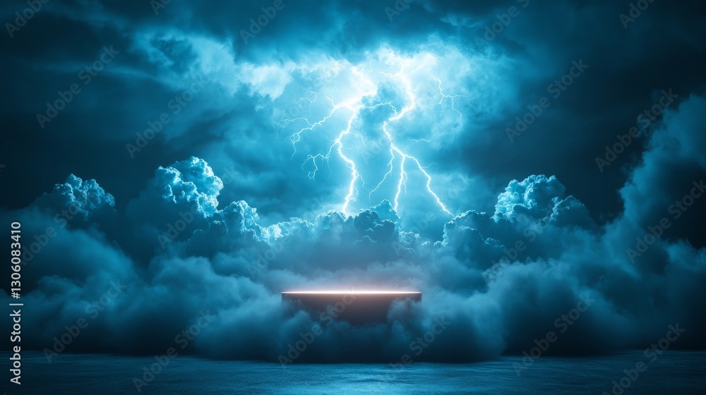 Poster empty podium set against a stormy backdrop, with lightning illuminating the surrounding dark clouds