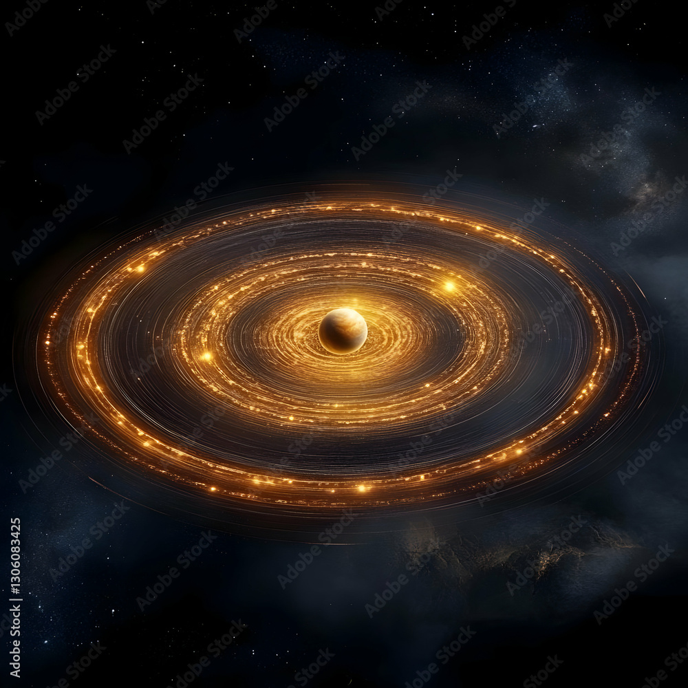 Poster 3d render of a golden galaxy abstract background with planets and