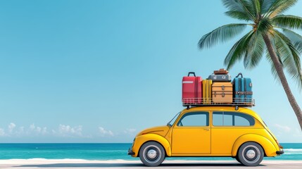 A vintage yellow car fully loaded with luggage parked under the sun near a palm tree with the ocean in the background, conveying a sense of summer travel and adventure