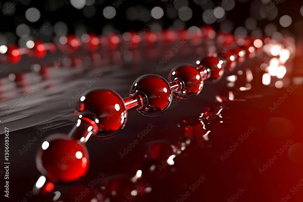 Poster 3d render of shiny red chain circles on black abstract background