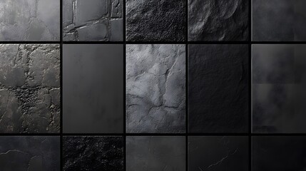 Square tiles of various textures showing monochromatic black stone patterns