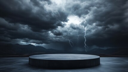 Empty podium set in a stormy landscape, with lightning streaking across the sky, casting dramatic shadows 