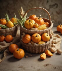 Organic pumpkins and corn in handwoven basket, farmers market, rural charm