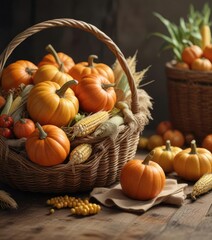 Organic pumpkins and corn in handwoven basket, rustic decor, healthy eating, harvest season, fresh food, rural charm