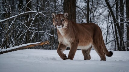 Mountain lion walking gracefully through a snowy forest landscape with copy space