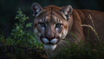 Mountain lion gazing intensely with a captivating expression in a blurred natural background
