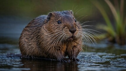Common beaver sitting curiously in the water surrounded by greenery with copy space
