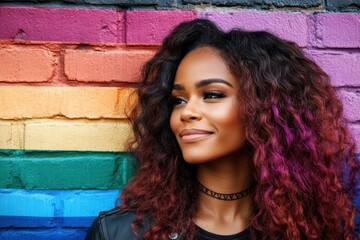 A confident young Black woman with curly hair adorned in purple highlights stands against a vibrant rainbow brick wall, celebrating diversity and self-expression in a bold urban setting.