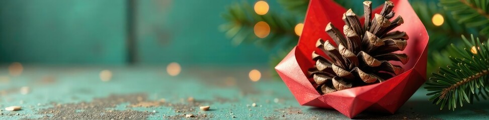 Ornament made from a real pine cone wrapped in colorful paper, natural, craft, gift wrap
