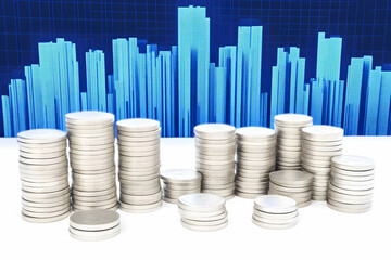 Abstract 3D City Illustration With Blue Buildings White Coins Digital