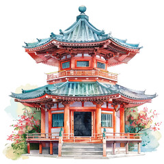 Obraz premium An ancient Japanese temple cartoon style watercolor