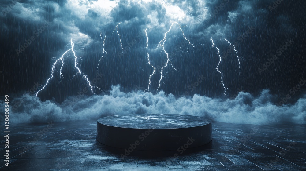 Poster empty podium surrounded by a chaotic storm, with multiple bolts of lightning striking in the distanc