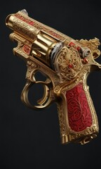 Ornate golden gun resting on a black background with red accents, luxurious decoration, premium finish, high quality metalwork