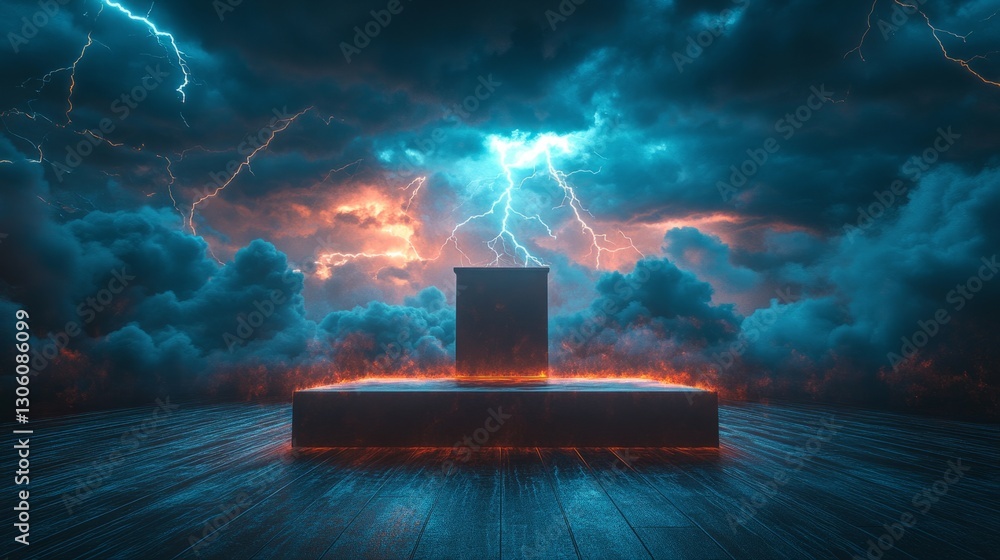 Poster empty podium under a stormy sky, with lightning crackling across the clouds, creating an electrifyin