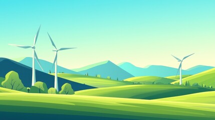 Fototapeta premium A serene landscape featuring rolling green hills, wind turbines, and mountains under a clear blue sky, highlighting sustainable energy and natural beauty.