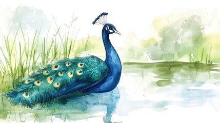 A elegant peacock stands by a serene water body, showcasing its vibrant blue and green feathers amidst lush greenery.