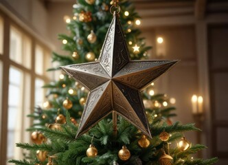 ornate metal star on top of the Christmas tree, shiny decorations, festive decoration
