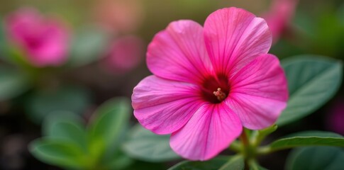 Close-up of a vibrant pink primrose, showing detail , macro photography, pretty