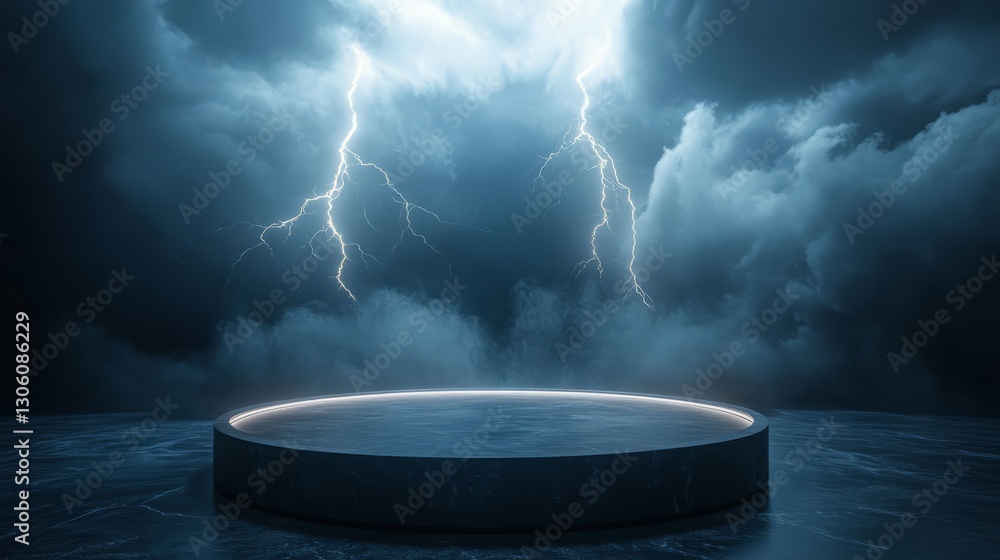 Poster empty podium under a stormy sky, with lightning crackling across the clouds, creating an electrifyin