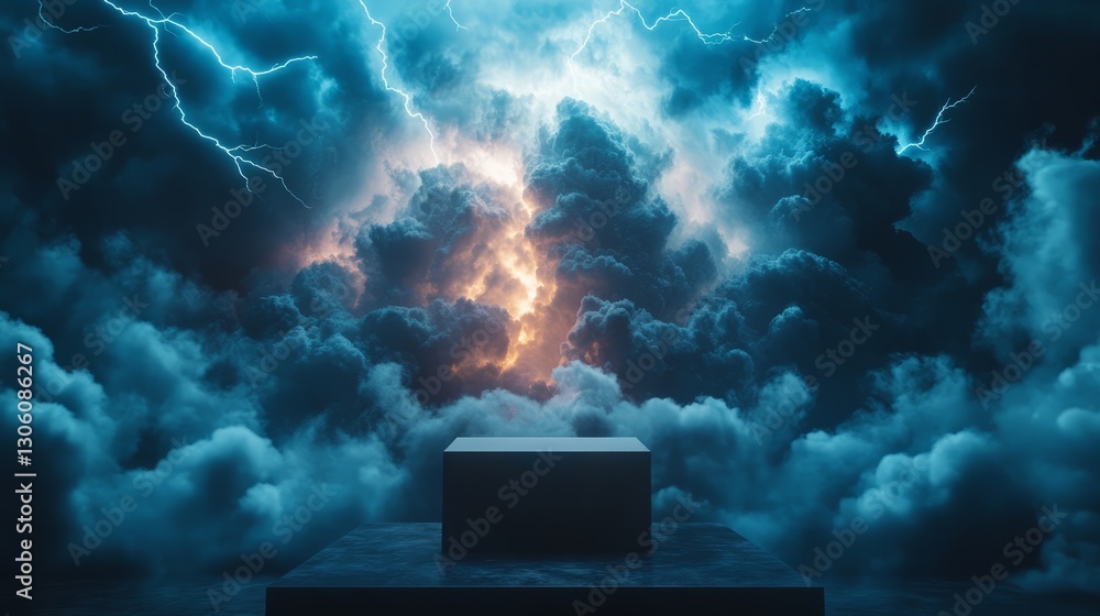 Poster empty podium under a stormy sky, with lightning crackling across the clouds, creating an electrifyin