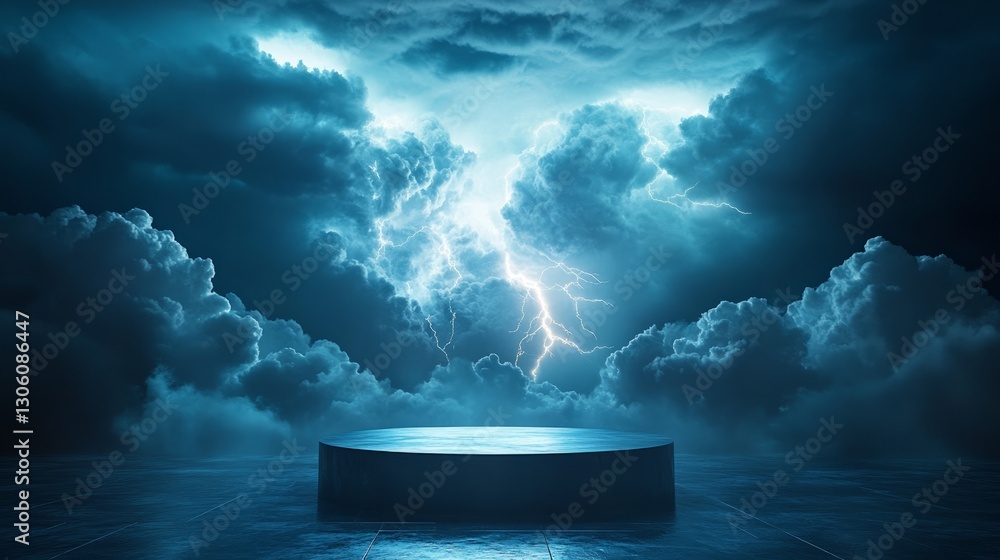 Poster empty podium under a stormy sky, with lightning crackling across the clouds, creating an electrifyin