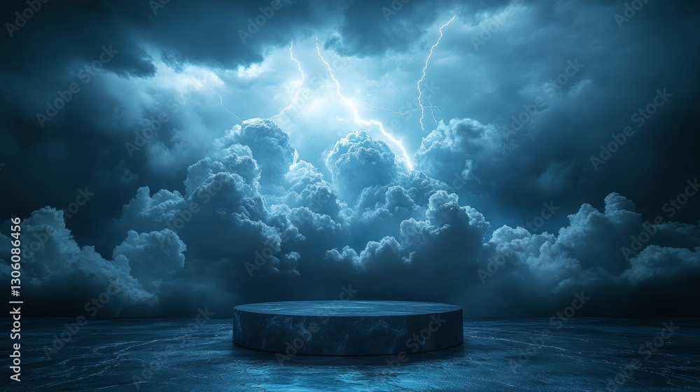 Poster empty podium under a stormy sky, with lightning crackling across the clouds, creating an electrifyin