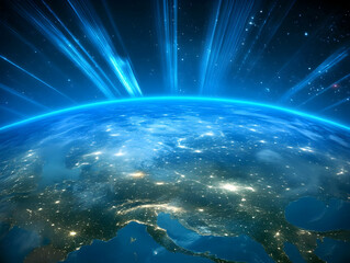 Abstract 3D Illustration Of Earth Globe With Blue Light And Digital