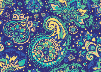 Seamless paisley pattern in Oriental style with floral and ethnic motifs for printed fabric, wallpaper, and packaging