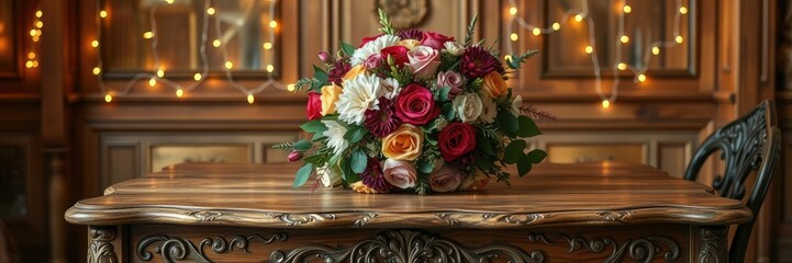 ornate wooden table with a stunning floral bouquet and twinkling fairy lights, soft glow, eclectic mix